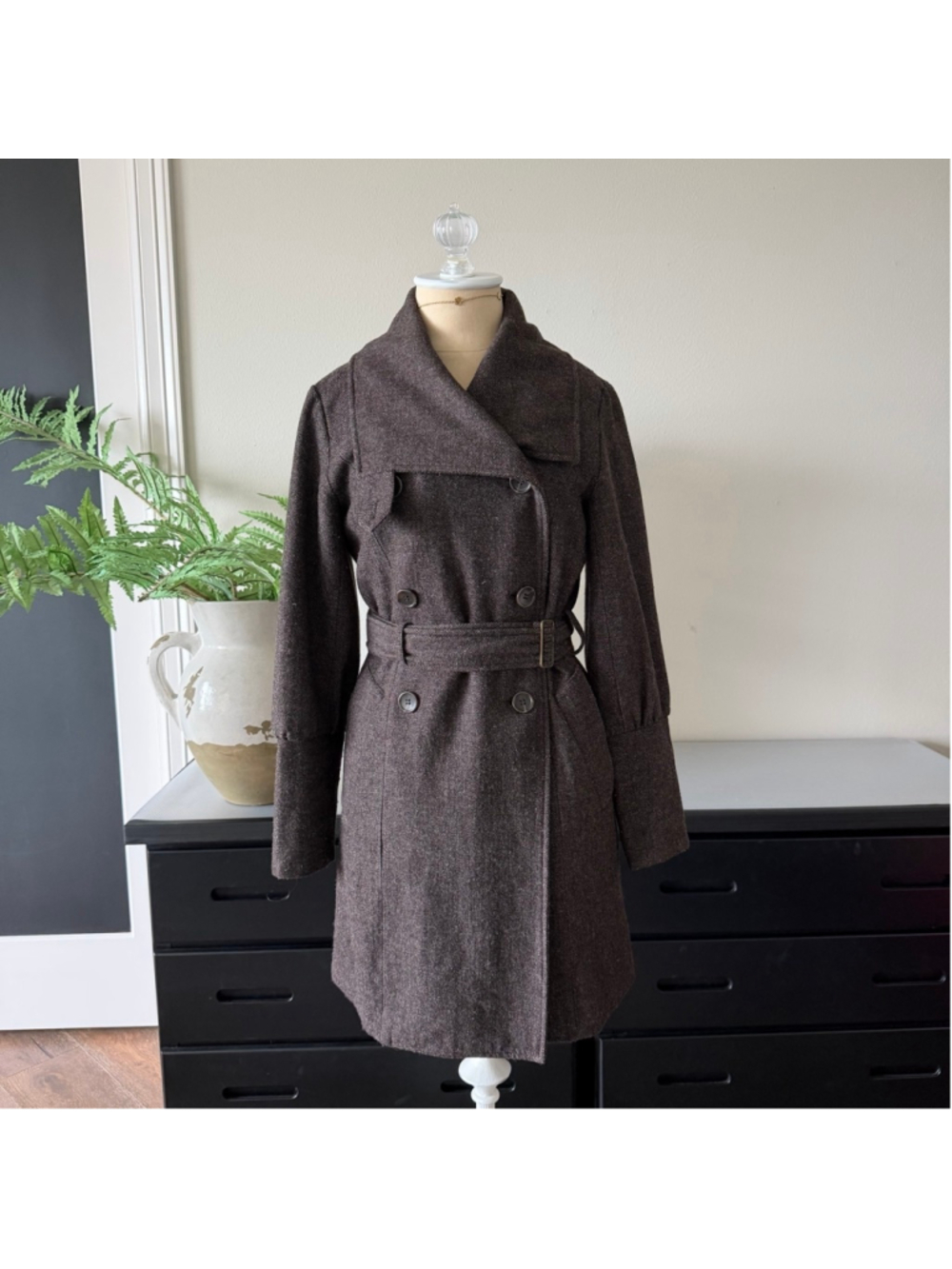 Elliana New York Chocolate Brown Wool Coat – Herringbone Belted Bubble S